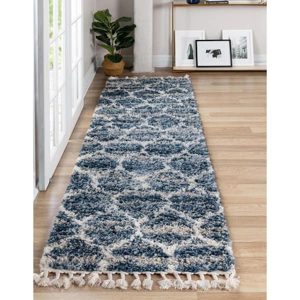 Hygge Shag Trellis Blue 2 ft. 2 in. x 6 ft. Runner Rug