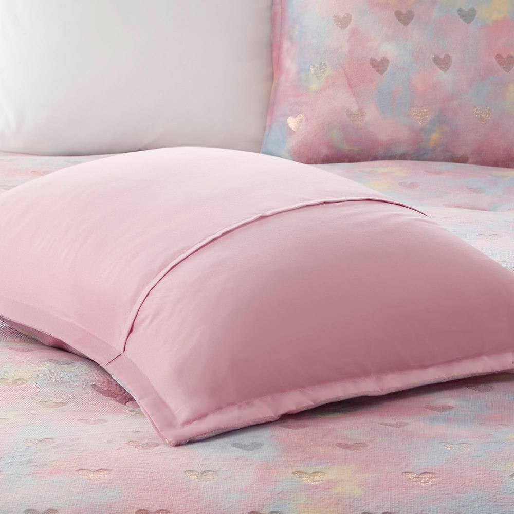 Twin Pink Multi/Gold Microfiber Plush Comforter Set with Hearts