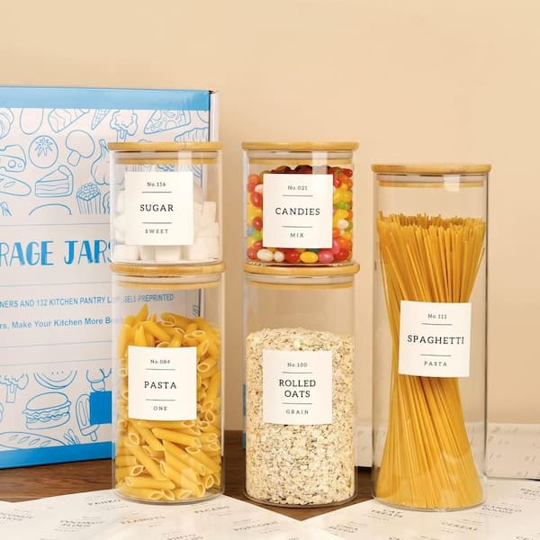 5-Piece Glass Storage Jar Set with Airtight Wood Lids and Pantry Labels, Airtight Bamboo Lid Stackable Kitchen Canisters