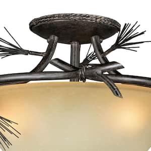 Sierra 18-in W Bronze Rustic Pinecone Bowl Semi Flush Mount Ceiling Light Cream Glass