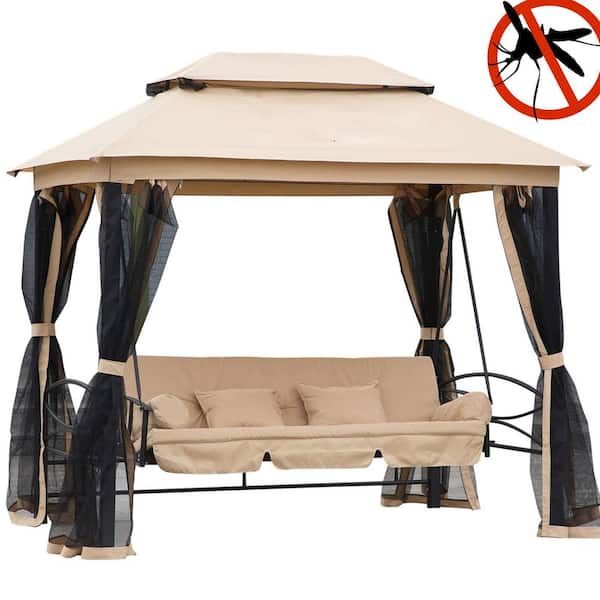 ToolCat 3-Seat Metal Patio Swing Chair, Outdoor Gazebo Swing with Double Tier Canopy, Mesh Sidewalls, Cushioned Seat and Pillows