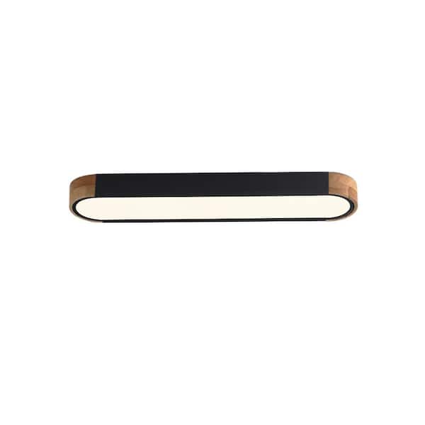 Lumin 38 in. W 1-Light Black and Wood Integrated LED Flush Mount Minimalist Long Oval Wood Ceiling Light for Hallway