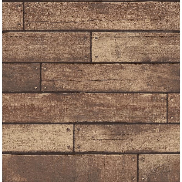Brewster Weathered Brown Nailhead Plank Paper Strippable Roll (Covers 56.4 sq. ft.)