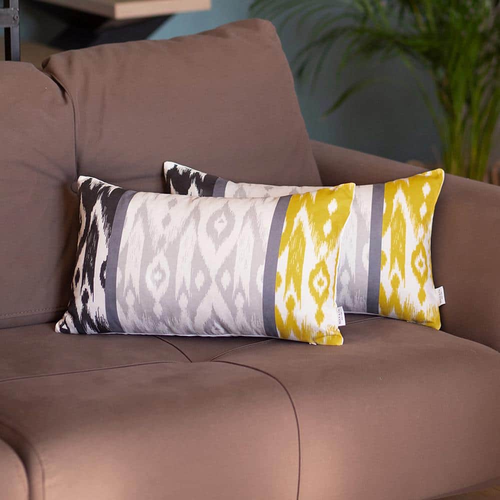 Gray and Yellow Ikat Reversible Polyester Lumbar Pillow Cover Set