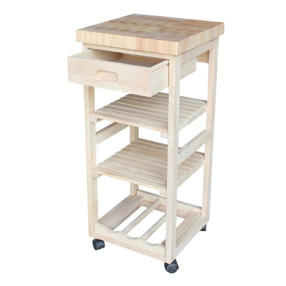 Solid Wood Unfinished Butcher Block Kitchen Cart with Wine Storage
