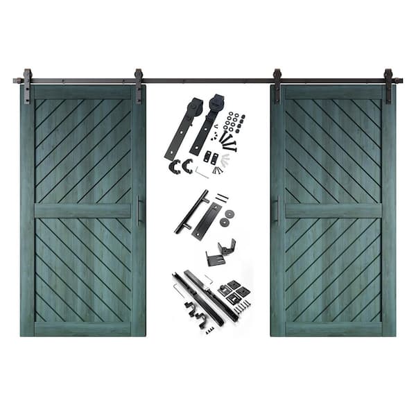 HOMACER XT3 36 in. x 80 in. C-Panel Royal Pine Slanted Stripe Design Double Pine Wood Sliding Barn Door with Hardware Kit
