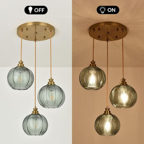 Kinlea 3 Light Green Cluster Chandeliers with Globe Striped Glass Shape Hanging Pendant Lights with No Bulbs Included