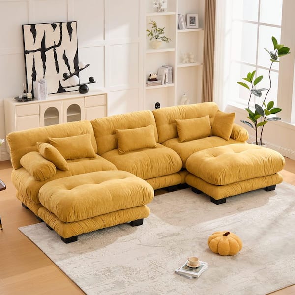 Sorrow 118.11 in. Pillow Top Arm Velvet Upholstered U Shaped Sectional Sofa in. Mustard Yellow with 2 Ottomans, Pillows