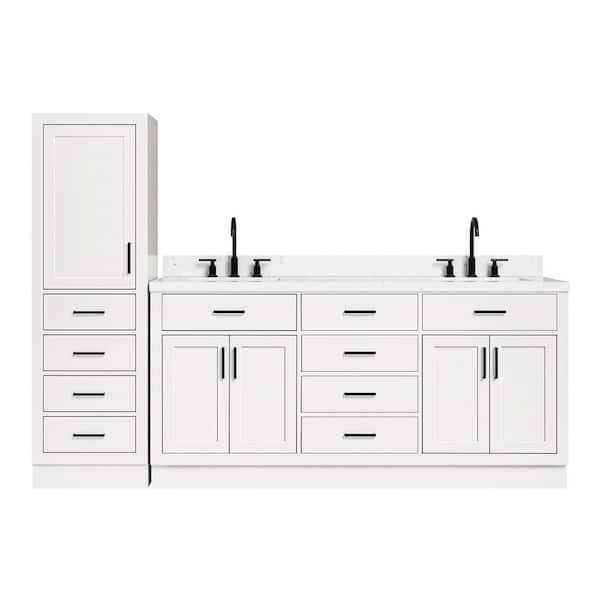 Hepburn 72 in. Double Sink Bath Vanity with Carrara White Quartz Top and Linen Cabinet in White