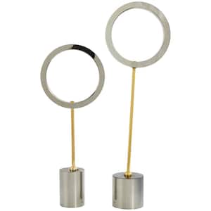 Silver Glass Round Hoop Geometric Sculpture with Gold Stands and Clear Cylinder Bases (Set of 2)
