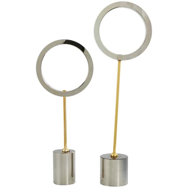 Litton Lane Silver Glass Round Hoop Geometric Sculpture with Gold Stands and Clear Cylinder Bases (Set of 2)