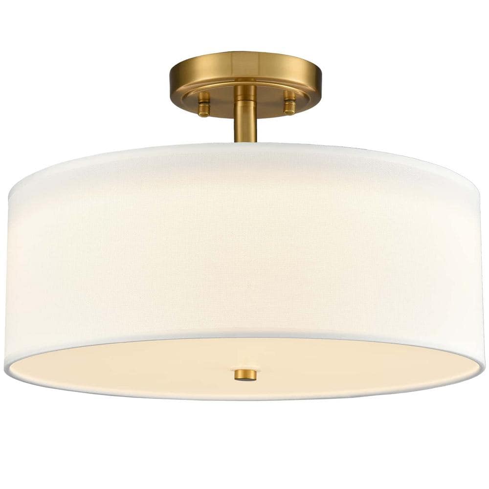15-Inch Brass Gold Semi Flush Mount Drum Shade LED Ceiling Light