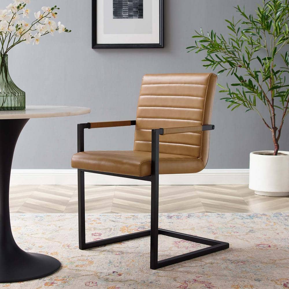 Tan Vegan Leather and Metal Arm Chair with Sled Base