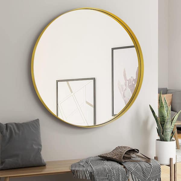 KOHROS 24 in. W x 24 in. H Round Metal Framed Gold Wall Mirror HNXG002 ...