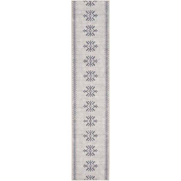 57 GRAND BY NICOLE CURTIS 57 Grand Machine Washable Ivory/Charcoal 2 ft. x 8 ft. Center Medallion Contemporary Runner Area Rug