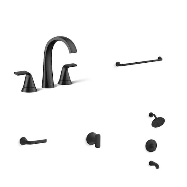 Cursiva Matte Black Bathroom Faucet, 24 in. Towel Bar, Toilet Paper Holder, Robe Hook and Tub/Shower Faucet Combo