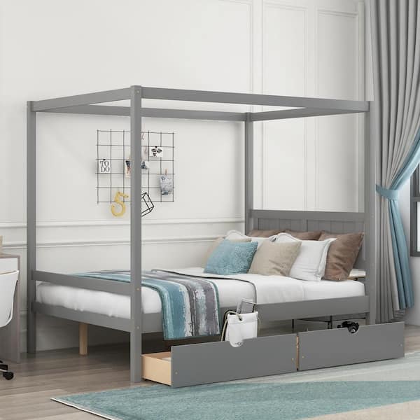 Qualler Gray Full Size Canopy Platform Bed with Two Drawers