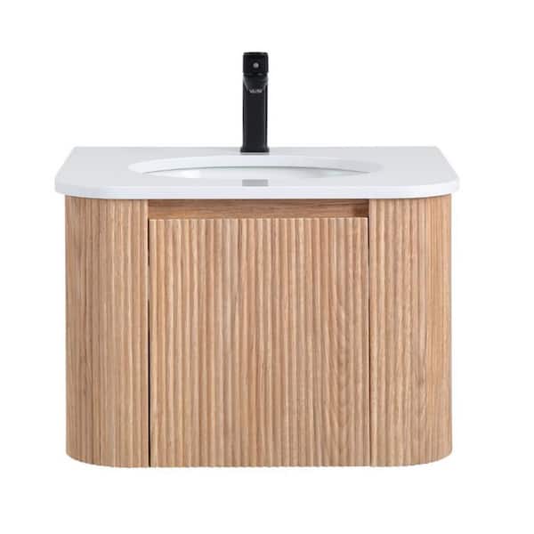 24 in. W x 16 in. D x 20 in. H Wall-Mounted Bath Vanity in Natural Wood with White Ceramic Top