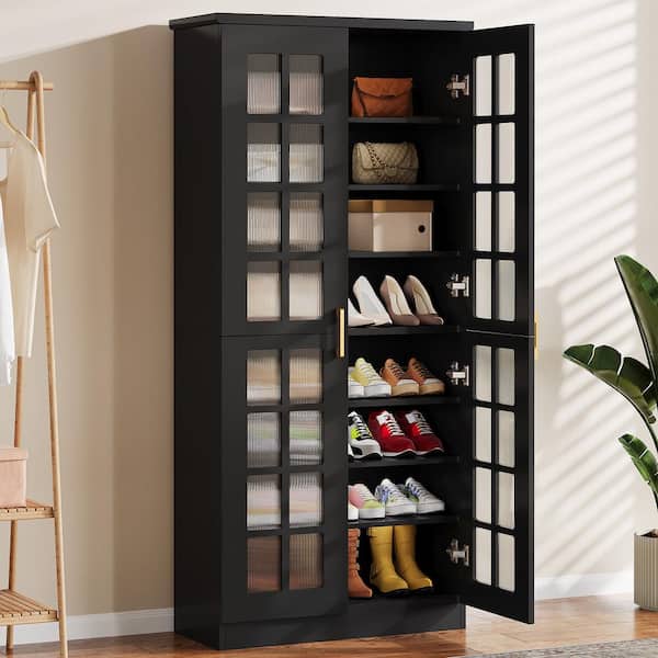 71 in. H x 31.5 in. W Black Engineered Wood Shoe Storage Cabinet, 8-Tier Shoe Organizer Entryway Shoe Rack with Doors