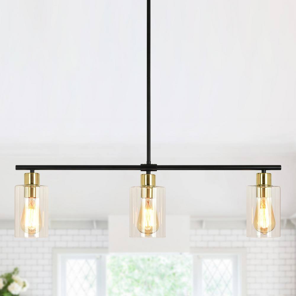 Black and Gold Linear Metal Chandelier with Clear Glass Shades