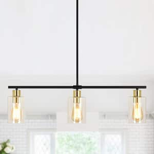 3-Light Black/Gold Industrial Linear Chandelier with Glass Shades for Kitchen Island with No Bulbs Included