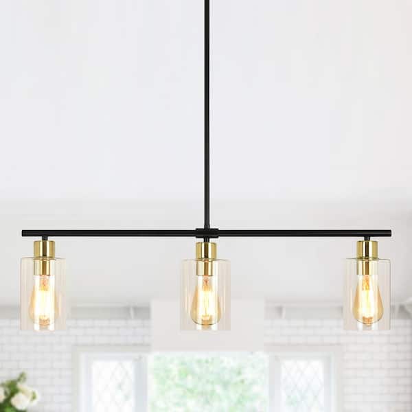 3-Light Black/Gold Industrial Linear Chandelier with Glass Shades for Kitchen Island with No Bulbs Included