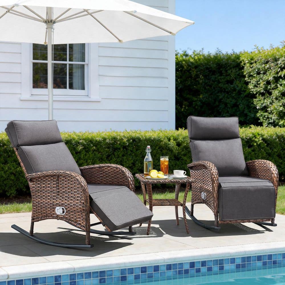 Carlos Brown 3-Piece Wicker Patio Lounge Rocking Chair Set Outdoor Recliner Day Bed with Gray Cushions, Side Table price history on PriceWatchPro