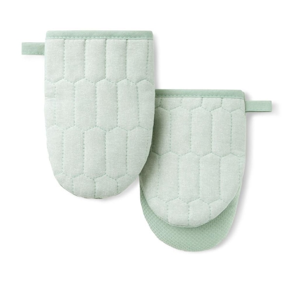 Honeycomb Quilted Chambray Mint Green 5.5 in. x 8 in. Cotton Mini Oven Mitt Set 2-Piece