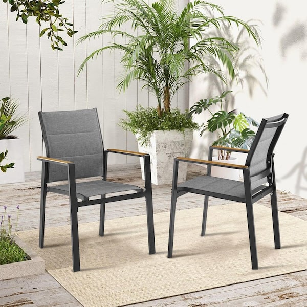 SLAM Aluminum Outdoor Dining Chair with Teak Wood Armrest (2-Pack)