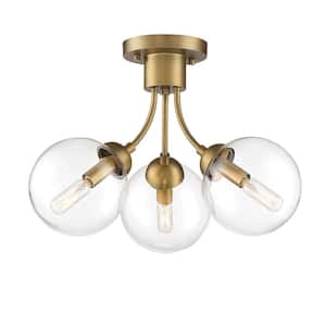 16 in. W x 12 in. H 3-Light Natural Brass Semi-Flush Mount Ceiling Light with Clear Orb Glass Shades