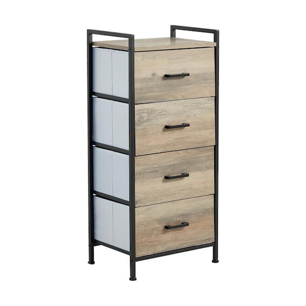 cadeninc 4-Drawer Natural Oak Wood Dresser with Metal Frame Wood Top Easy Pull Fabric Bins for Bedroom, Hallway, Entryway