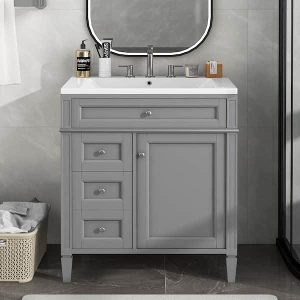 Zeus & Ruta 30 in. W x 18 in. D x 33 in. H Freestanding Bath Vanity in Gray with White Resin Sink, 2-Drawers and a Tip-out Drawer