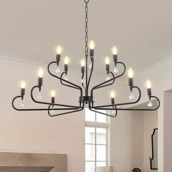 12-Light Large Black 2-Tier Linear Hanging Island Rustic Candlestick Chandelier with Crystal Pendant