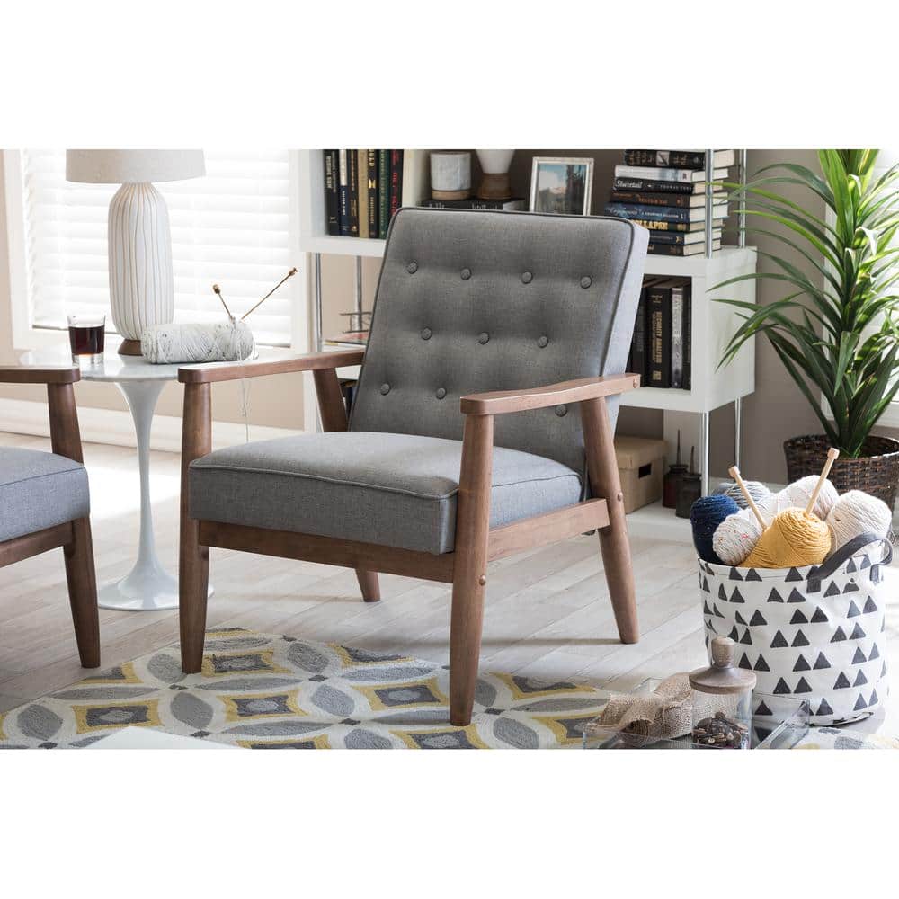 Gray Faux Leather Mid-Century Modern Accent Chair with Maple Wood Frame