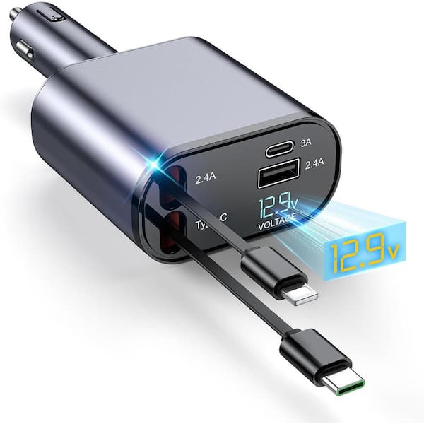 4-in-1 Retractable Car 69W W/ Stary Light USB-C Port Car Accessories Compatible with iPhones & Android Devices in Black