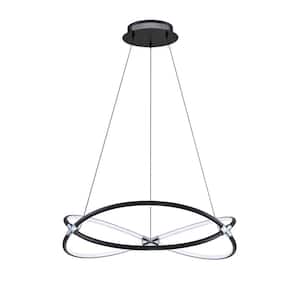 Hoop 6-Light Black and Chrome, White Statement Integrated LED Pendant Light with White Metal, Acrylic Shade