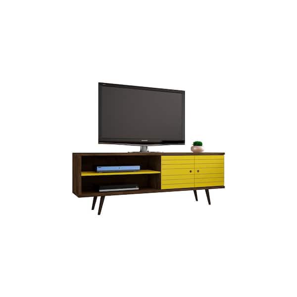 Manhattan Comfort Liberty 62.99 in. Rustic Brown and Yellow TV Stand Fits TVs Up to 60 in. with Storage Doors and Cable Management