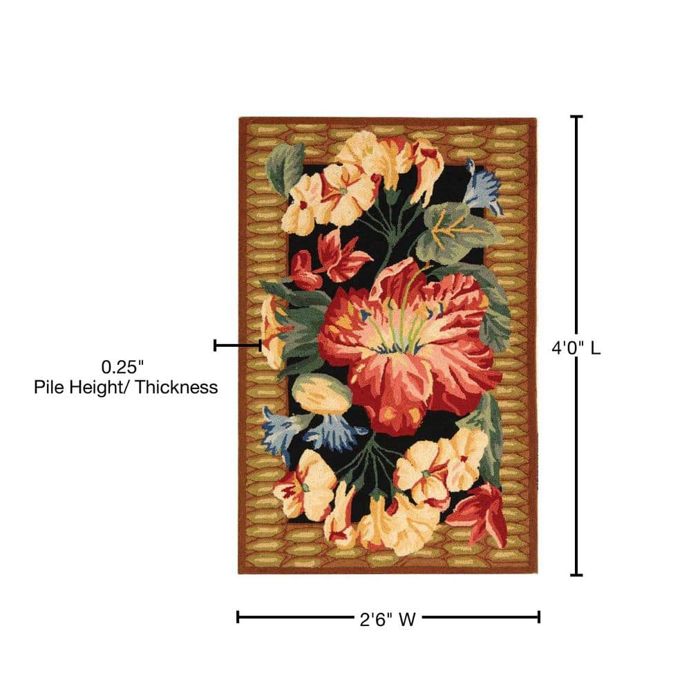 Handmade Black Floral Wool Rectangular Area Rug