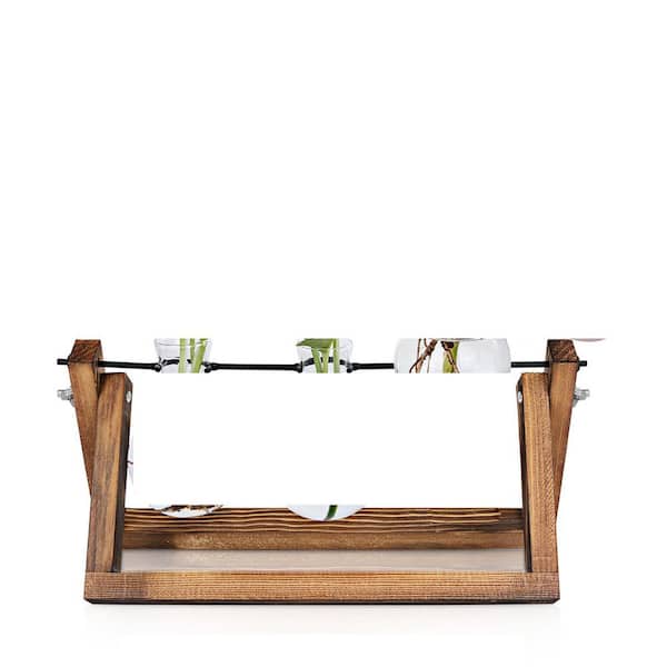 11 in. Brown Wood Glass Triangular Indoor Plant Terrarium w/Wooden Stand & 3-Bulb Glass Vases