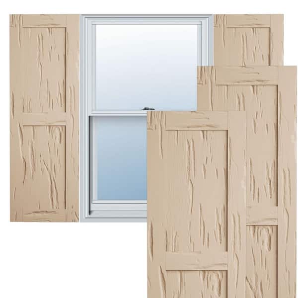 Ekena Millwork 15 in. x 56 in. Timberthane Polyurethane 2-Equal Panel Flat Panel Pecky Cypress Faux Wood Shutters Pair