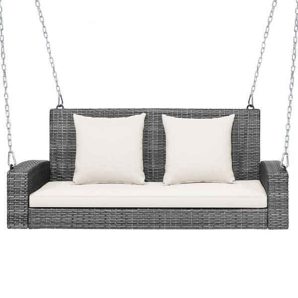 WELLFOR 2-Person Gray Wicker Outoor Patio Porch Swing with White ...