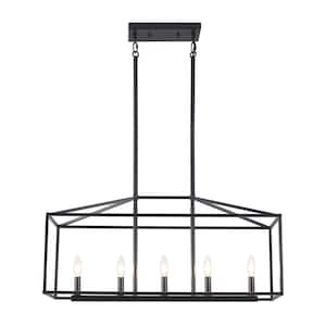 5-Light Farmhouse Black Rectangle Hanging Linear Island Chandelier Lighting for Kitchen Island