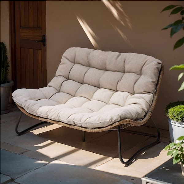 Pattened Metal Double Papasan Outdoor Loveseat with Beige Cushion