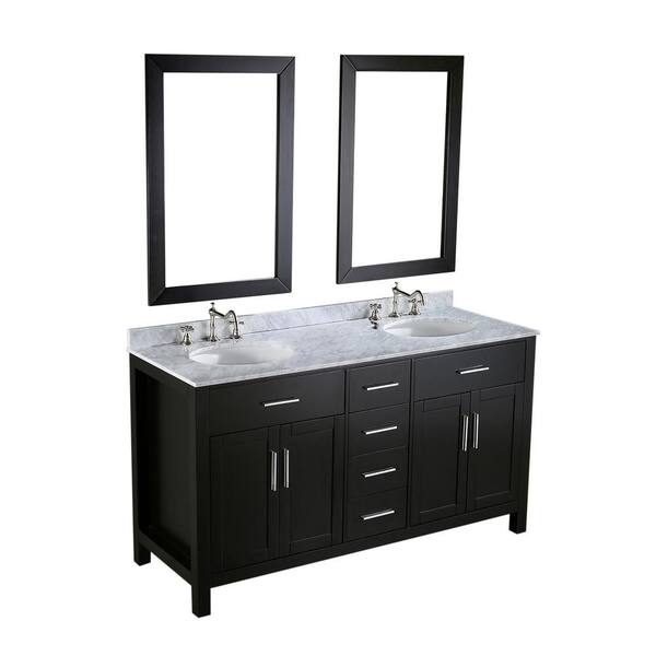 Bosconi Bosconi 59.5 in. W Double Bath Vanity in Black with White Carrara Marble Vanity Top in White with White Basin and Mirror