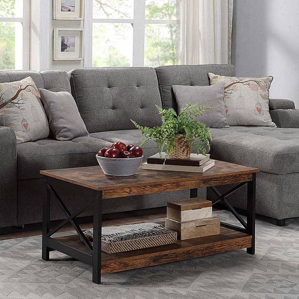 Barnwood Black Coastal Farmhouse Rectangular Coffee Table with Shelf