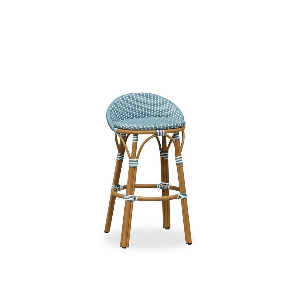 Bar Height Backrest Round Outdoor Bar Stool in Bamboo Finish Aluminum Frame Woven Rattan, Light Blue price history on PriceWatchPro