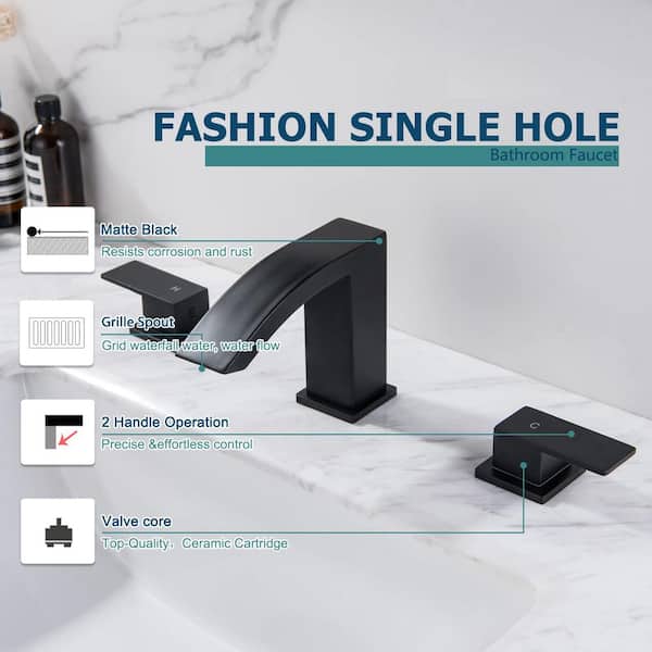 8 in. Widespread Double Handle Grille Shape Waterfall Spout Bathroom Sink Faucet with Pop Up Drain in Matte Black