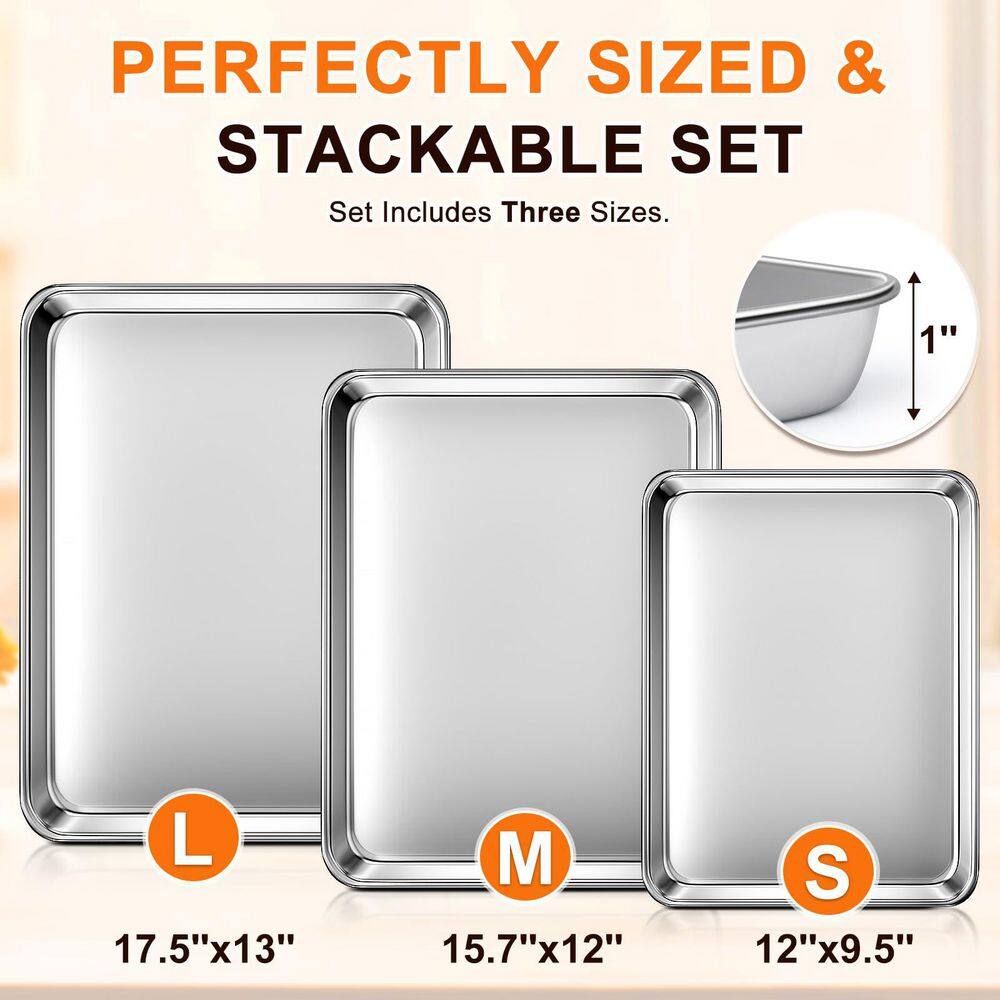 3-Piece Baking Sheets, Commercial Grade Stainless Steel Cookie Sheets for Baking, 12/15.7/17.5 in. Nonstick, Nontoxic - Thumbnail 5