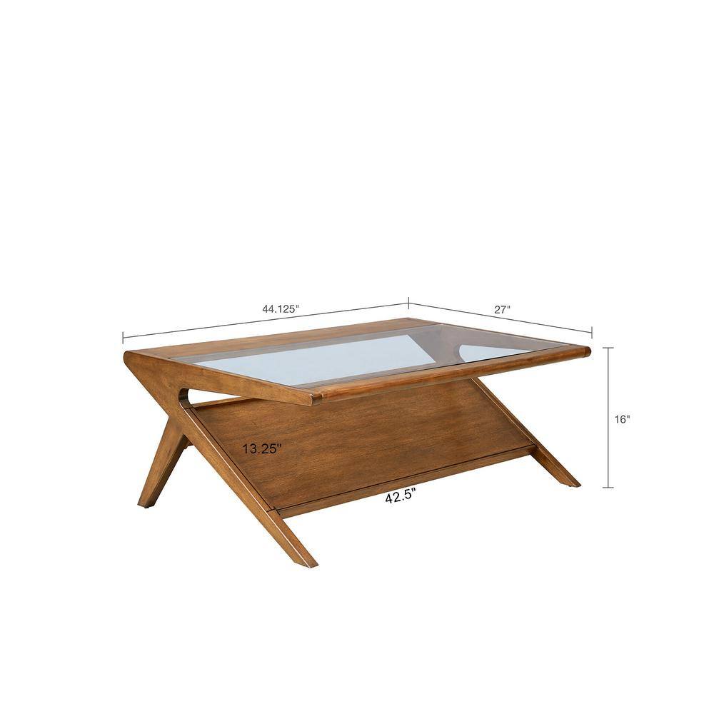 Retro Walnut Rubberwood Coffee Table with Glass Top