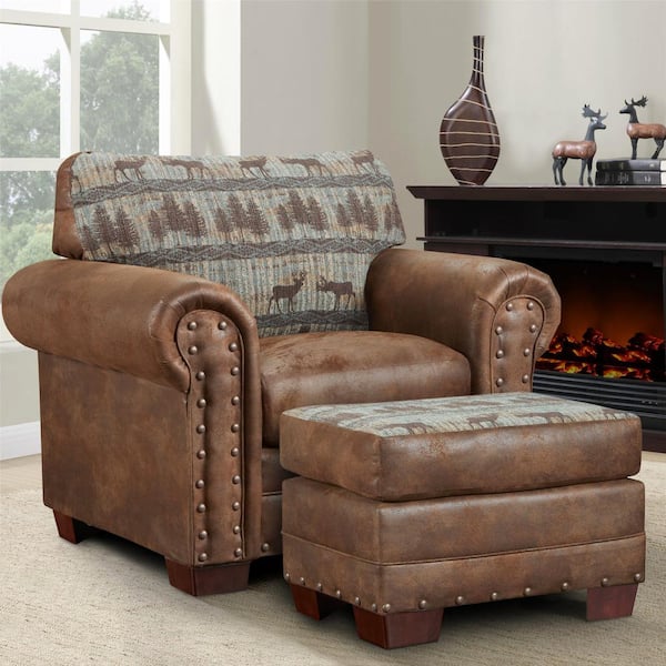 American Furniture Classics Deer Teal Series Tapestry and Pinto Brown Microfiber Arm Chair and Ottoman Set of 1 with Nail Head Accents